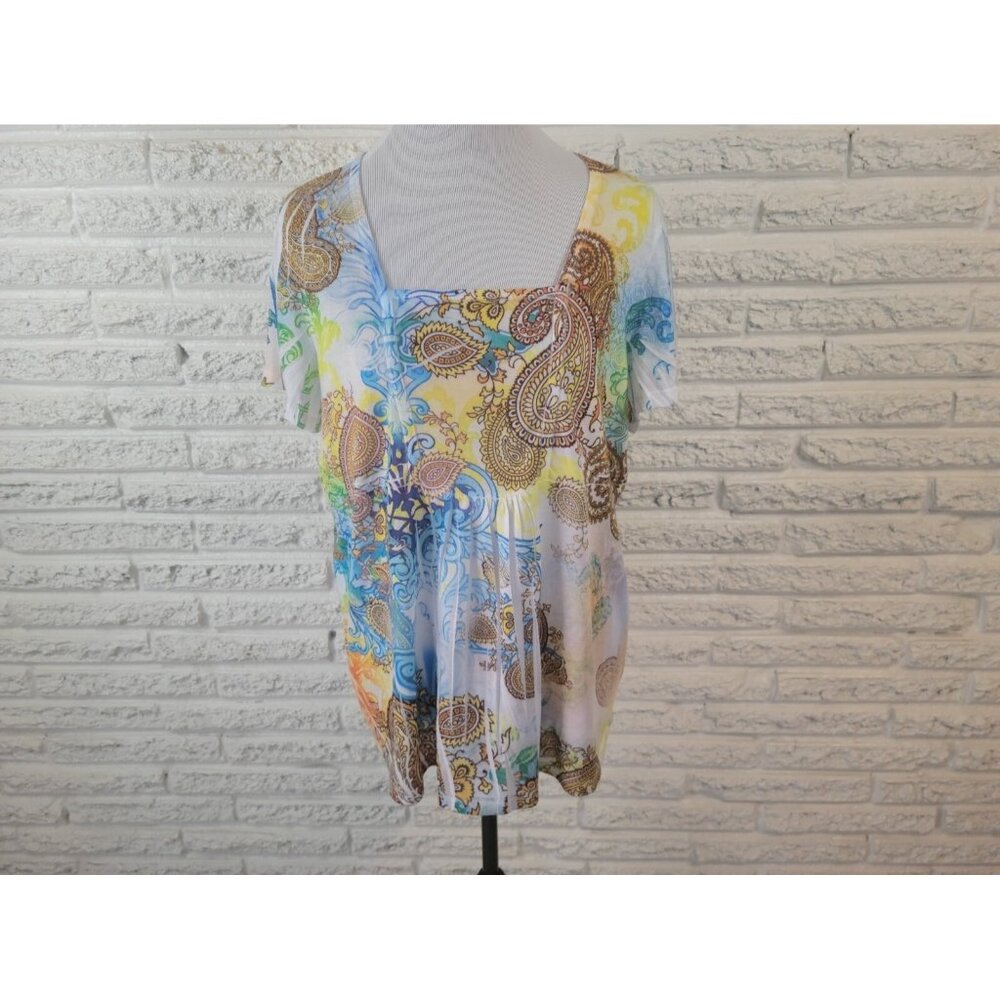 Only Nine Womens Top 2X Plus Tee Short Sleeve Polyester Laser Cut Blue PAI7E